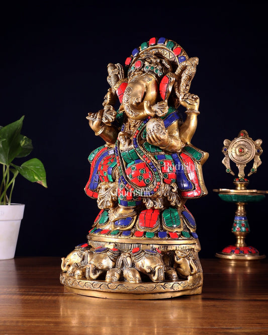 Brass Lord Ganesha Statue Seated on Elephant Throne - 12 Inch - Budhshiv.com
