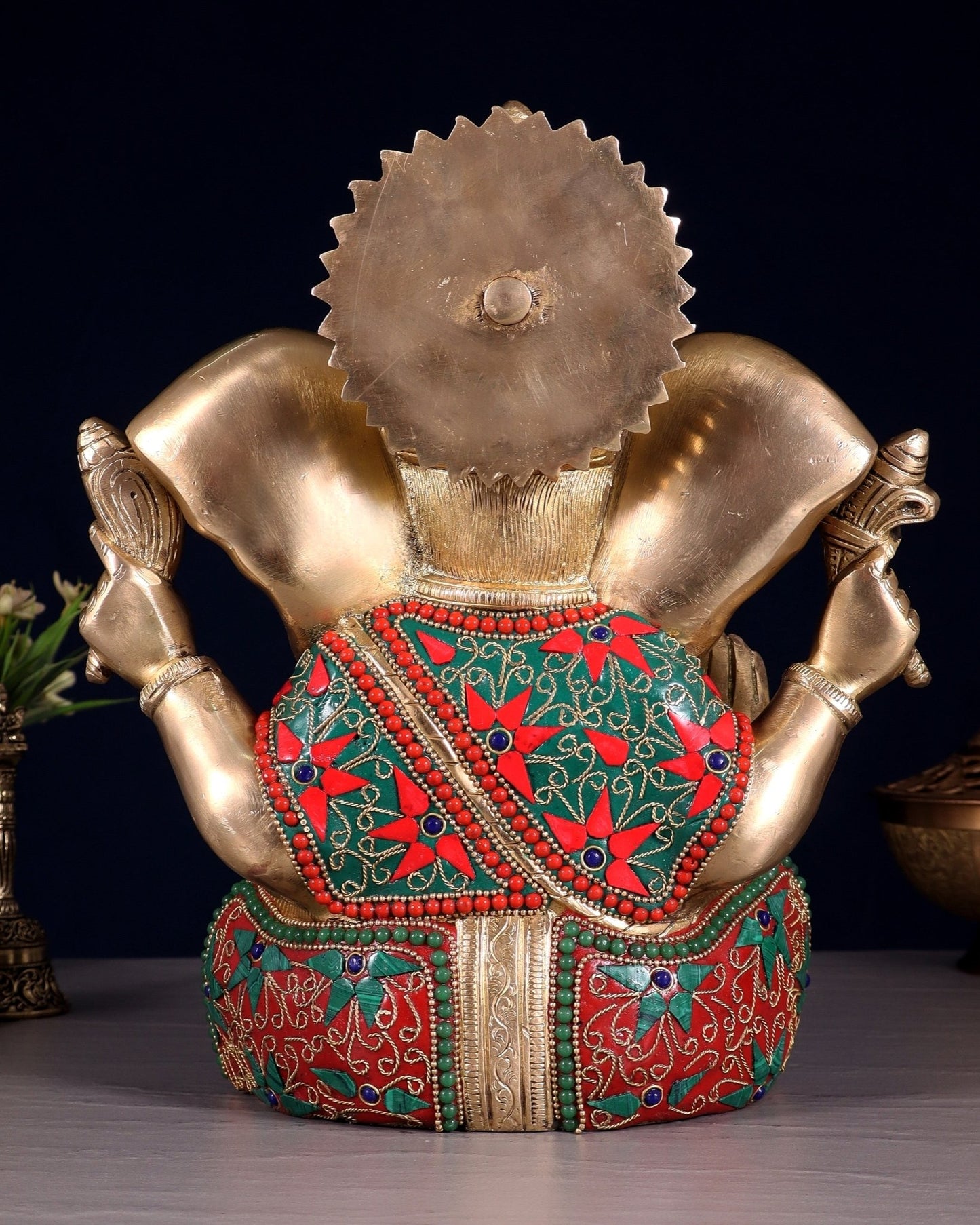 Brass Lord Ganesha Statue with Floral Stonework - 10" - Budhshiv.com