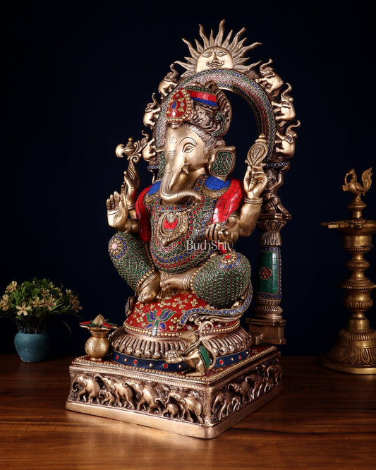 Brass Lord Ganesha Statue with Prabhavali 25 inch meenakari Stonework - Budhshiv.com