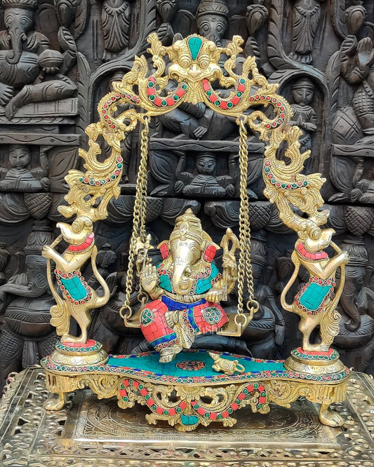 Brass Lord Ganesha Swing with Multicolour Stonework - 18" x 15" x 4.5 - Budhshiv.com