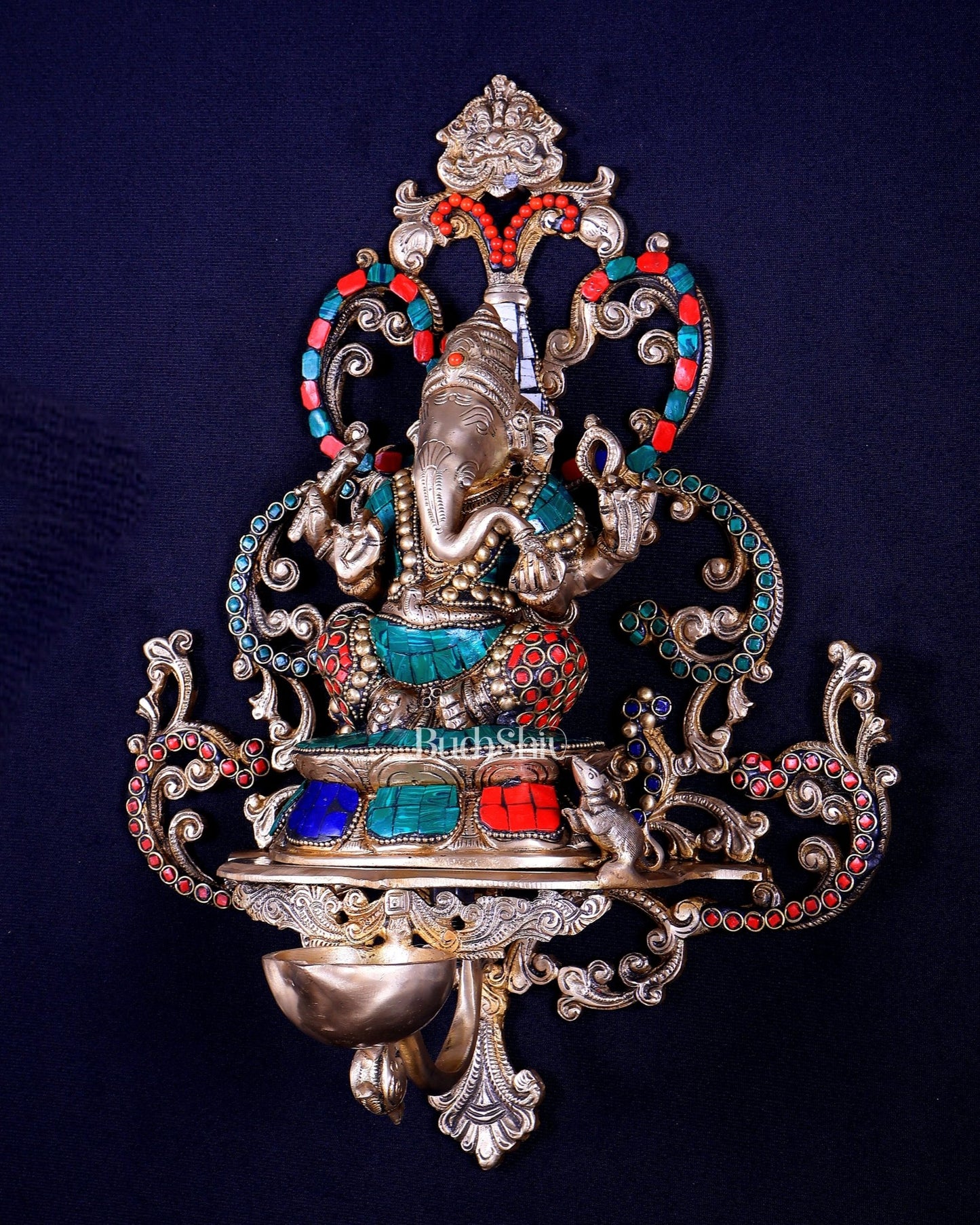 Brass Lord Ganesha Wall Hanging Statue with diya large 14 inch with stonework - Budhshiv.com