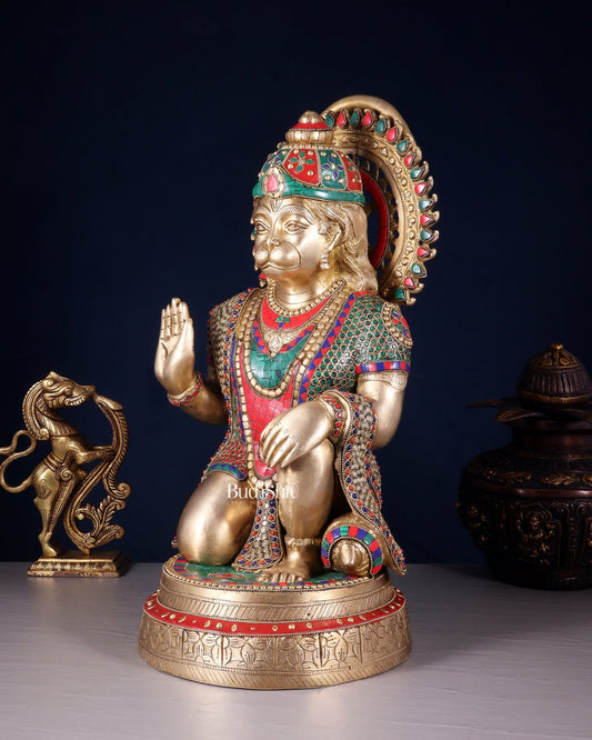 Brass lord Hanuman Statue with Stonework - 20" - Budhshiv.com