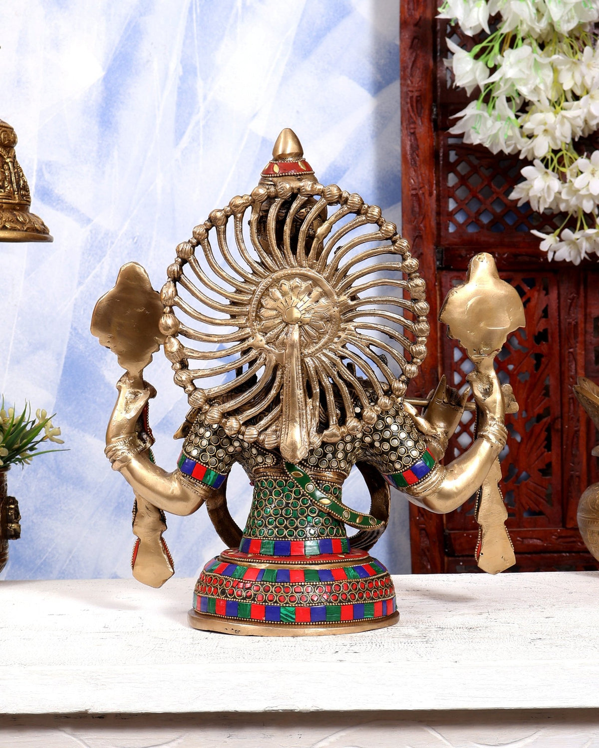 Brass Lord Krishna Bust Table Accent - 13.5 inch with Stonework - Budhshiv.com