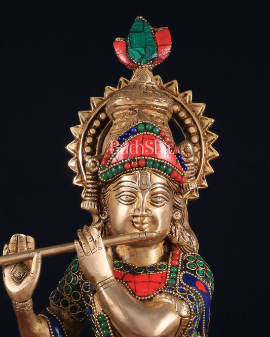 Brass Lord Krishna Idol with stonework - 18 Inch - Budhshiv.com