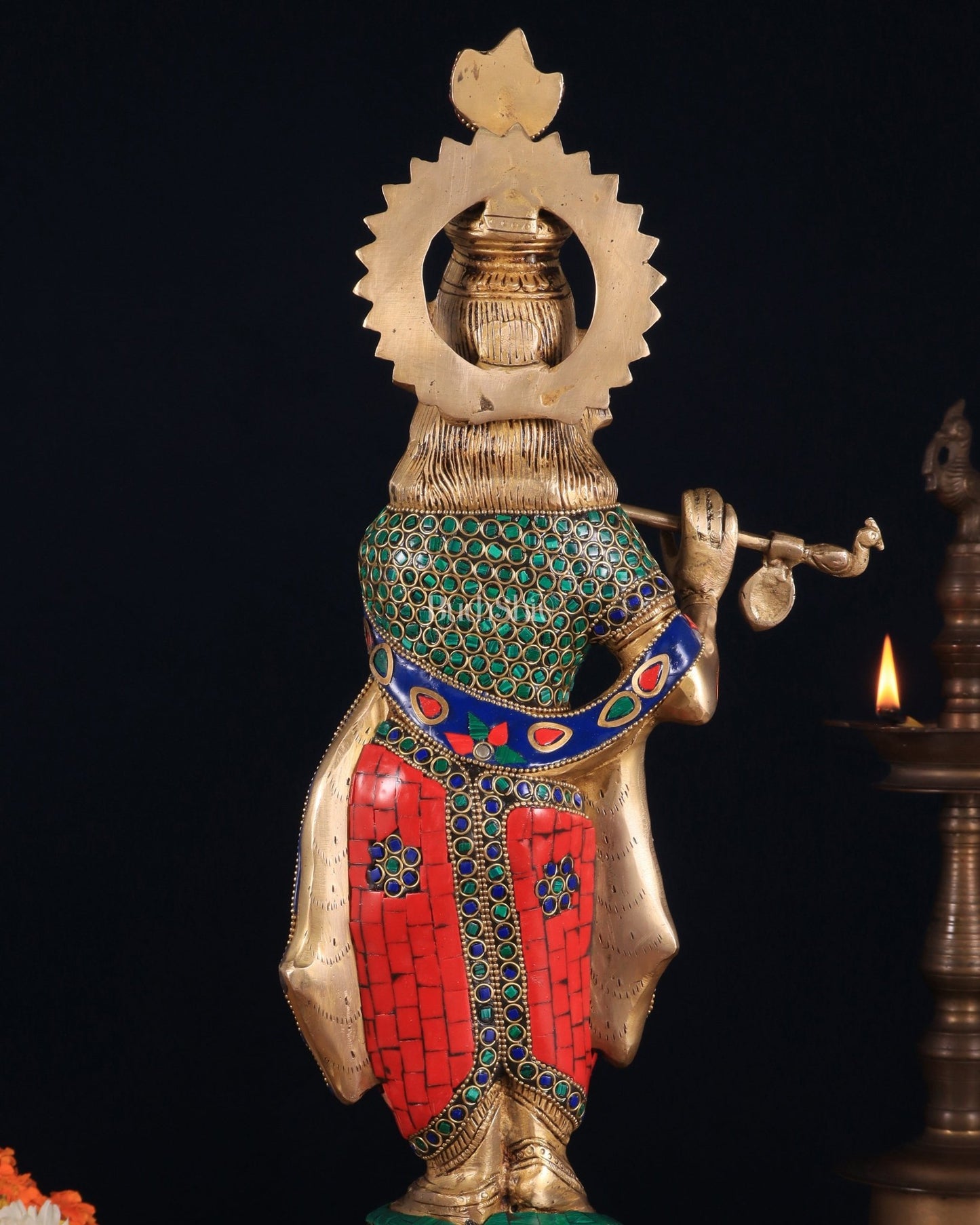 Brass Lord Krishna Idol with stonework - 18 Inch - Budhshiv.com
