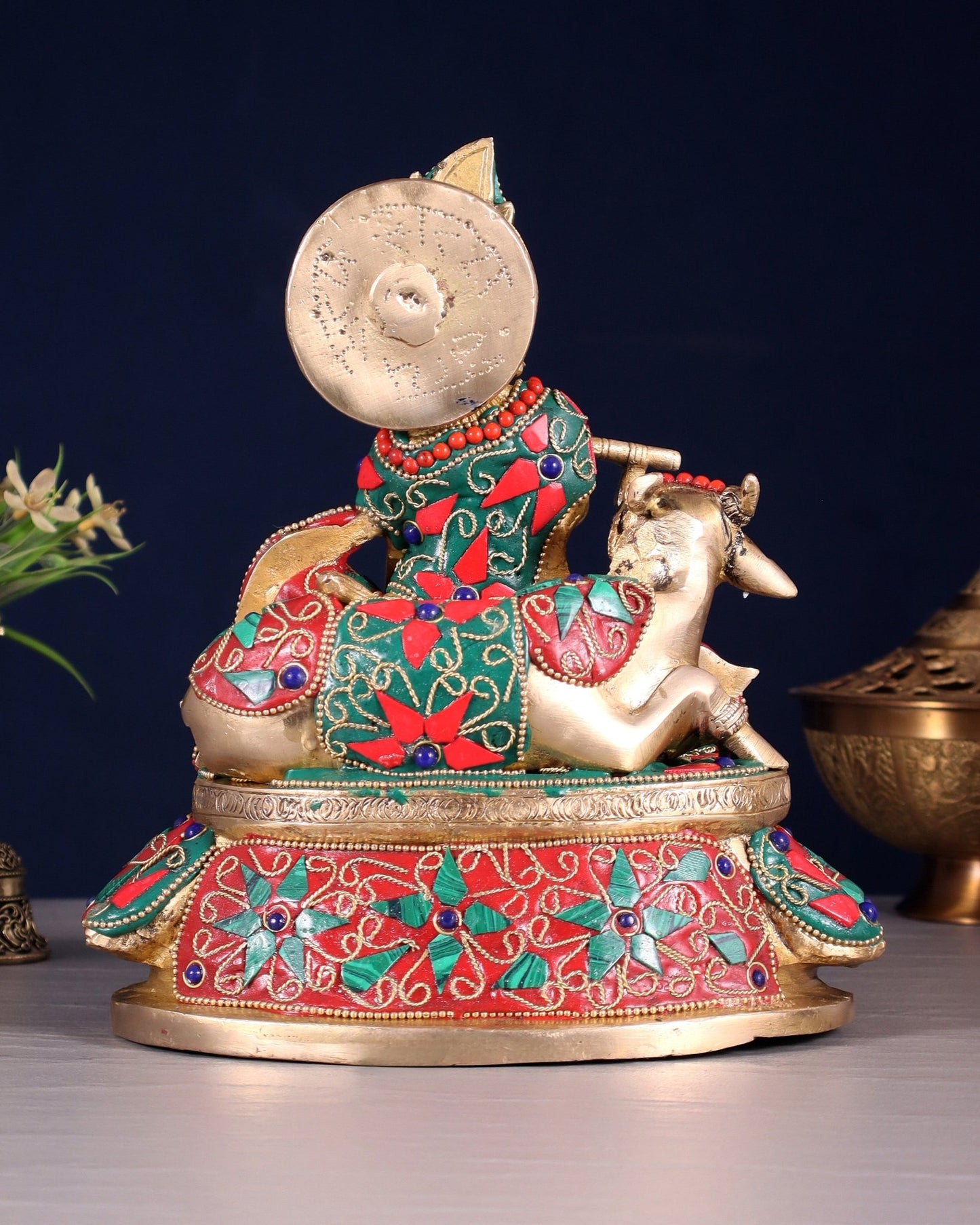 Brass Lord krishna sitting with cow 7.5" - Budhshiv.com