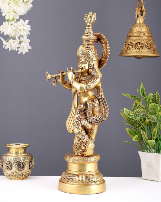 Brass Lord Krishna statue 21 inch - Budhshiv.com