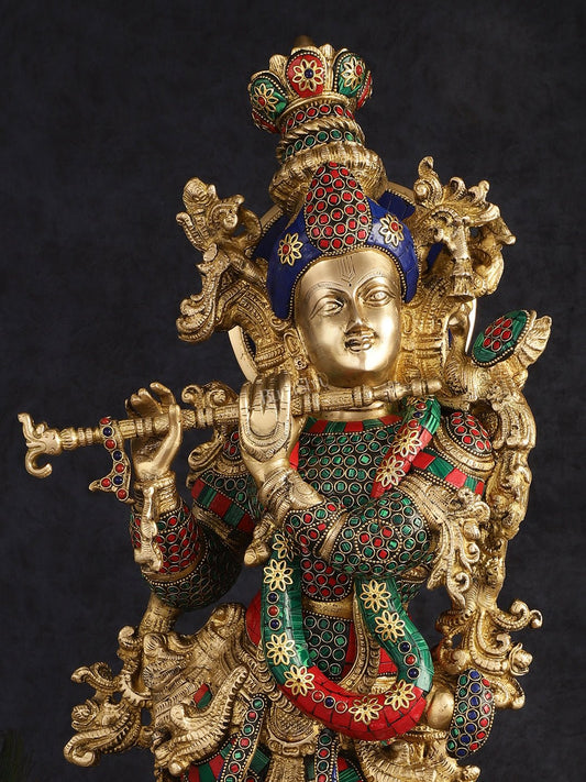 Brass Lord Krishna statue 30 inch multicolour - Budhshiv.com