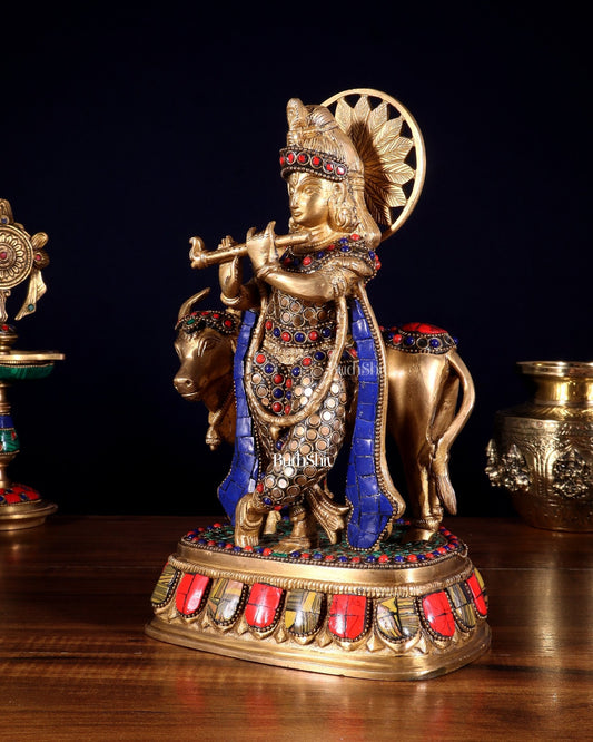 Brass Lord Krishna Statue with cow idol 9" - Budhshiv.com