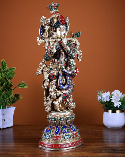 Brass Lord Krishna Statue with Stonework 21 inch tall - Budhshiv.com