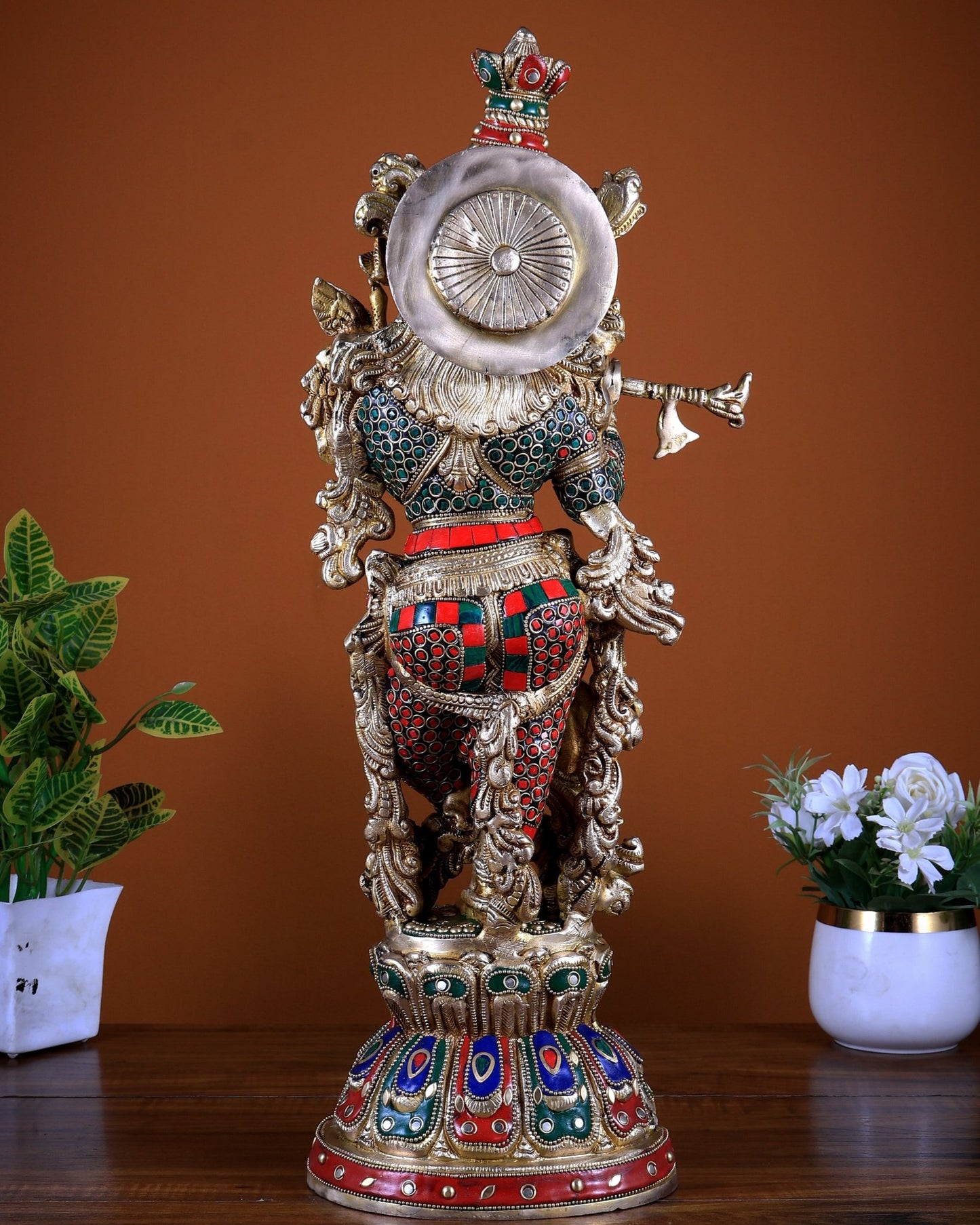 Brass Lord Krishna Statue with Stonework 21 inch tall - Budhshiv.com