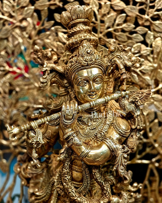 Brass Lord Krishna statue with tree - 36 inch - Budhshiv.com