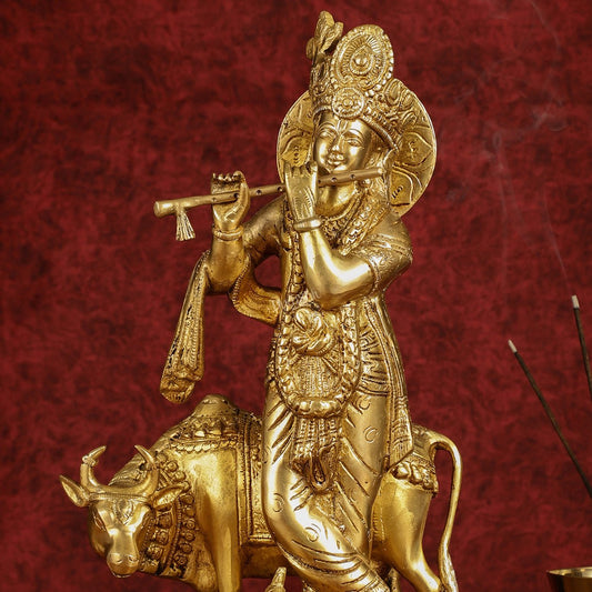 Brass Lord Krishna with Cow and Peacock | 16.5" Height - Budhshiv.com
