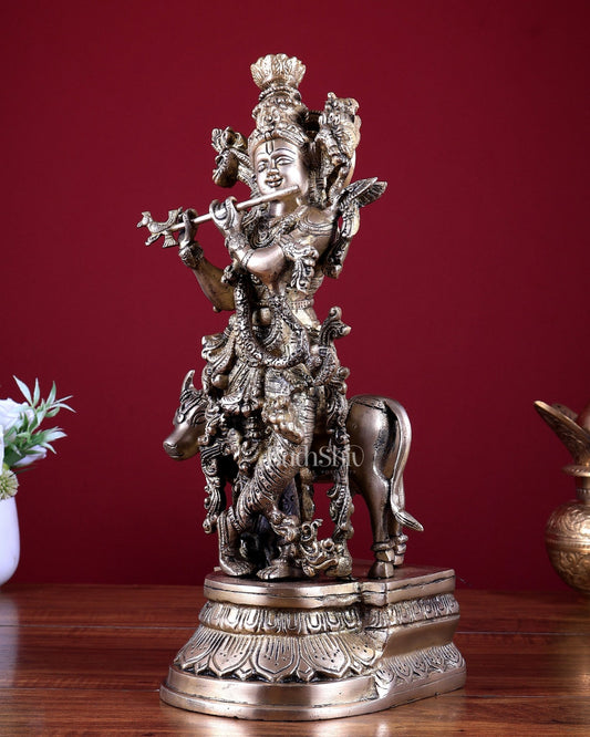 Brass Lord Krishna with Cow Idol 14 inch - Budhshiv.com