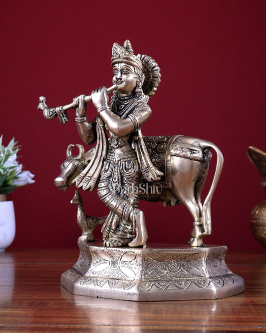 Brass Lord Krishna with Cow Idol 9.5 inch - Budhshiv.com