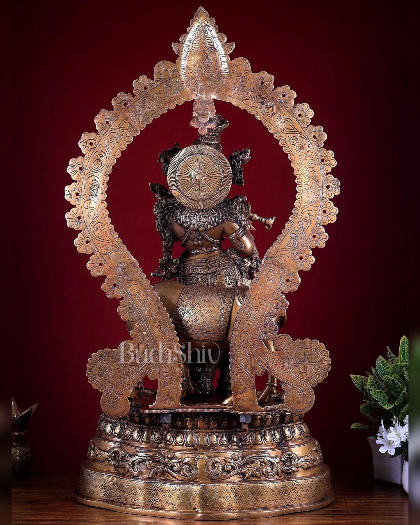 Brass Lord Krishna with Cow on Grand Kirtimukha Pedestal with Twin Peacock Lamps 37.6 inch - Budhshiv.com