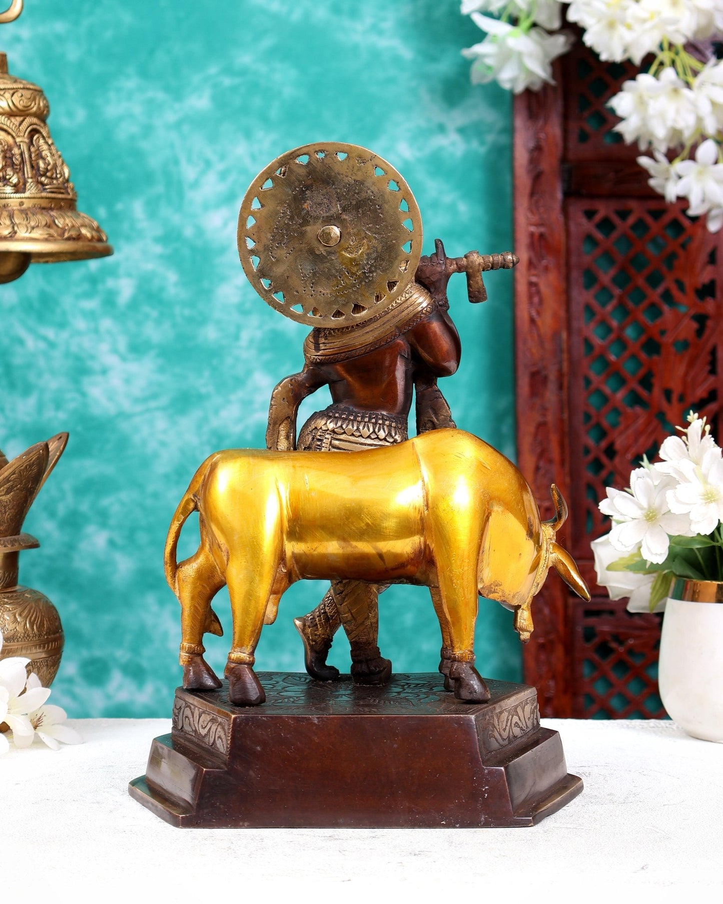 Brass Lord Krishna with Cow statue | 11.5" Height three tone finish - Budhshiv.com