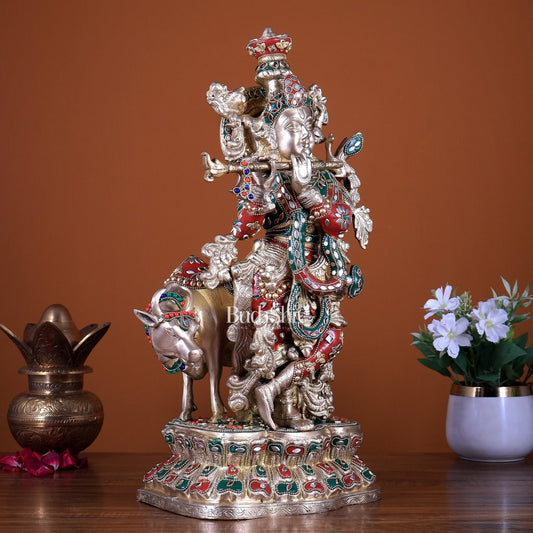 Brass Lord Krishna with Cow Statue - 17" with stonework - Budhshiv.com