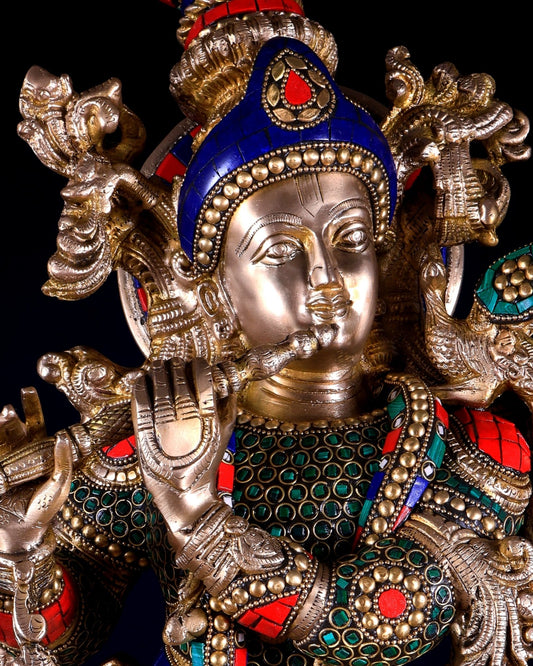 Brass Lord Krishna with cow Statue multicolour meenakari Stonework 26 inch - Budhshiv.com