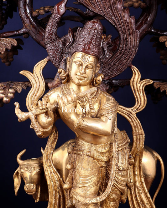 Brass Lord Krishna with Cow under Kalpavriksha – Large Statue 33" glossy copper and gold tone - Budhshiv.com