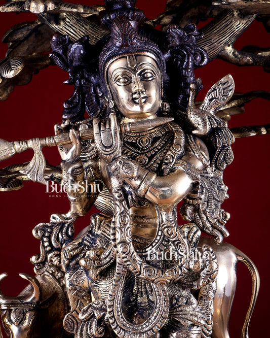Brass Lord Krishna with Cow Under Large Tree Statue – Dual Tone 25 inch - Budhshiv.com