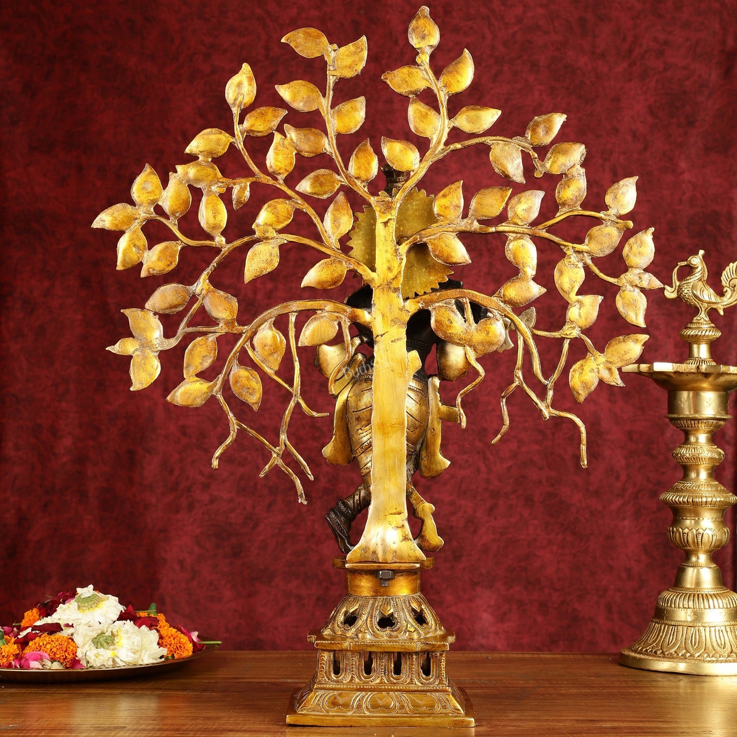 Brass Lord Krishna with Kalpavriksha tree black statue 21 inch - Budhshiv.com