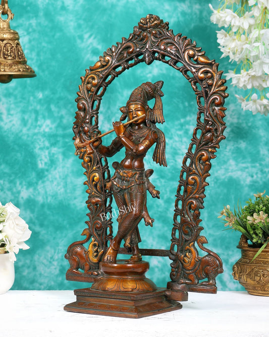 Brass Lord Krishna with Prabhavali aureole idol Double chola tone 18 inch - Budhshiv.com