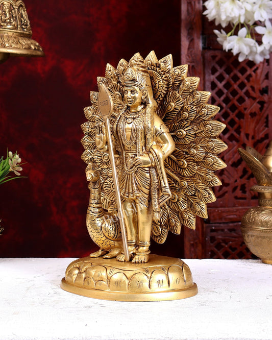 Brass Lord Murugan with Open-Wing Peacock Statue – Handcrafted Divine Idol 9.5 inch - Budhshiv.com