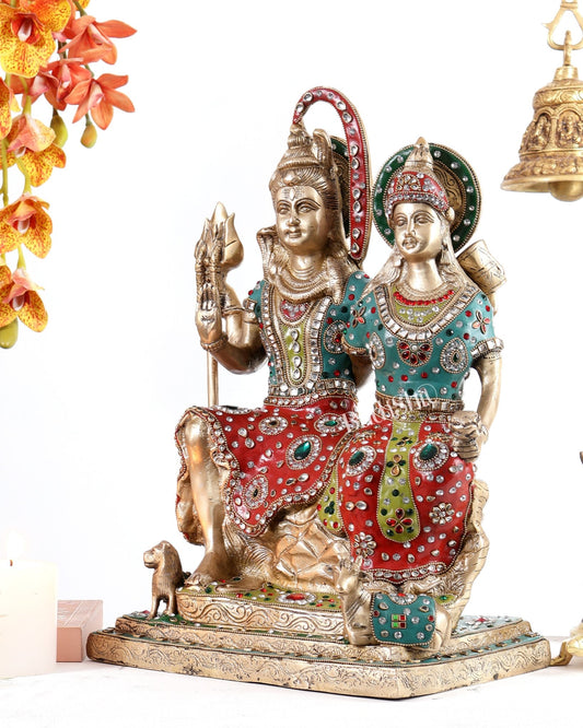 Brass Lord Shiv parvati with meenakari idol | 18 inch - Budhshiv.com
