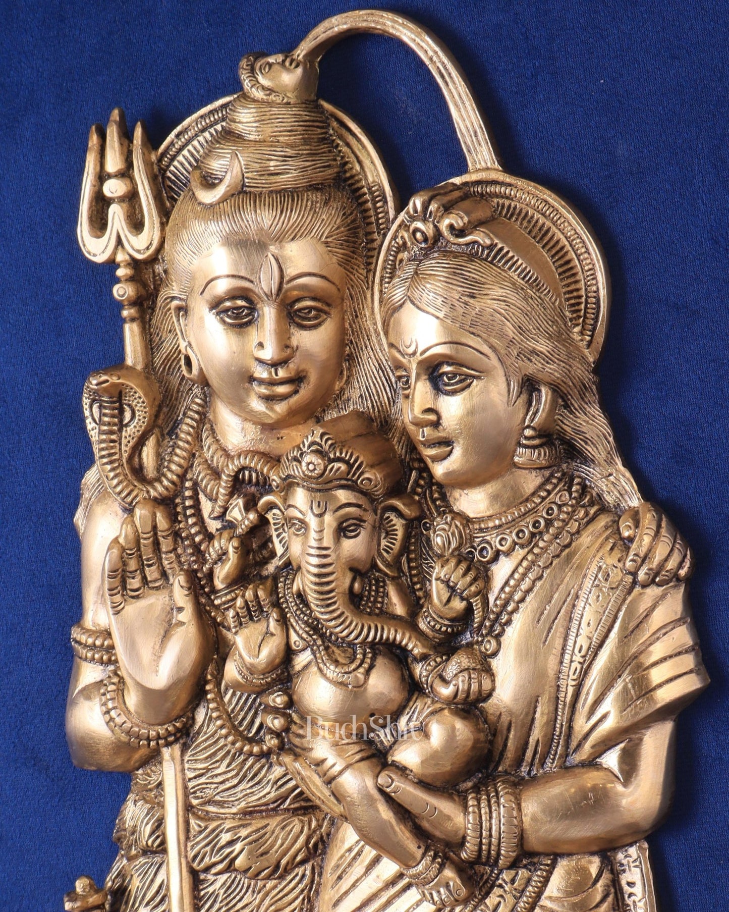Brass Lord Shiva and Goddess Parvati with Baby Ganesha Wall Hanging – Auspicious 11.5" - Budhshiv.com