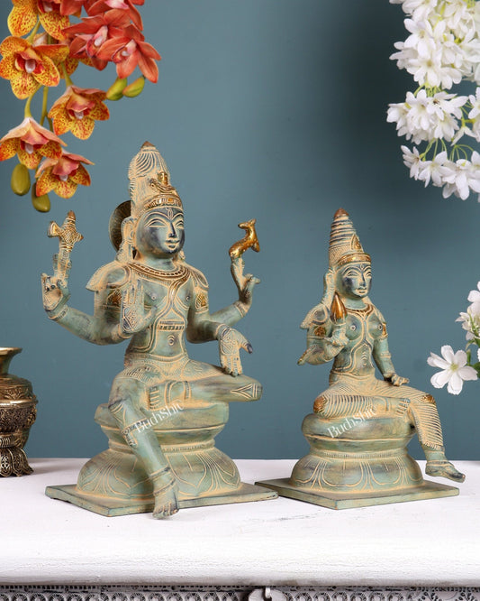 Brass Lord Shiva and Parvati Idols majestic idols | 11.5 Inch Green - Budhshiv.com