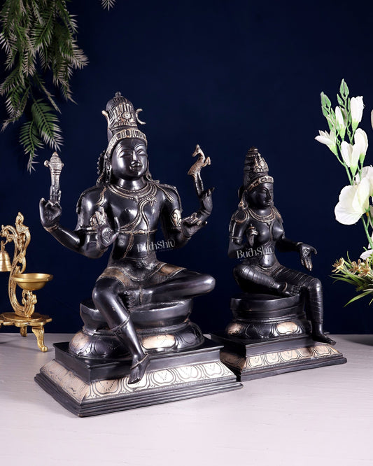 Brass Lord Shiva and Parvati Seated Idols 14.5" black and gold - Budhshiv.com