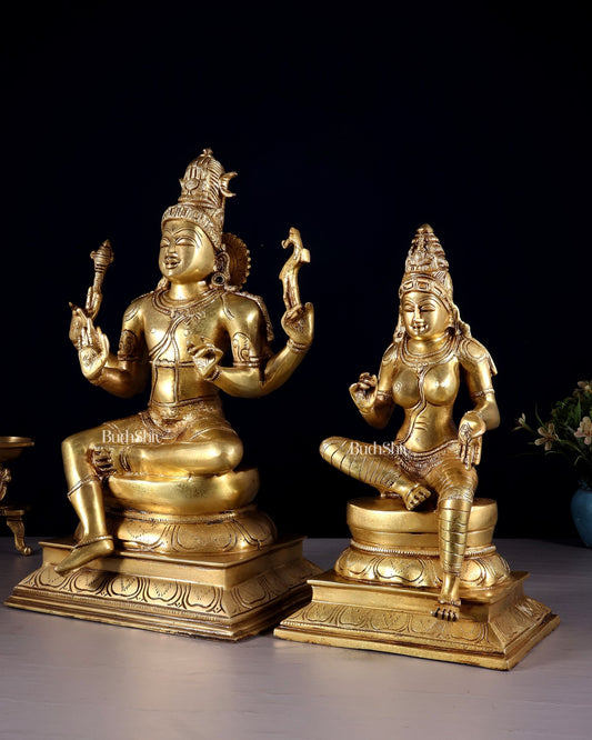 Brass Lord Shiva and Parvati Seated Idols 14.5" - Budhshiv.com