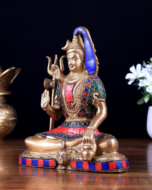 Brass Lord Shiva in Blessing Mudra with Stonework – 8 inch - Budhshiv.com