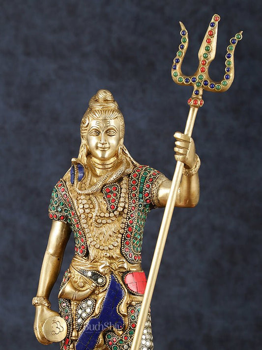 Brass lord Shiva standing Statue with Damru and Trishul – 18" Height, Meenakari Stonework - Budhshiv.com