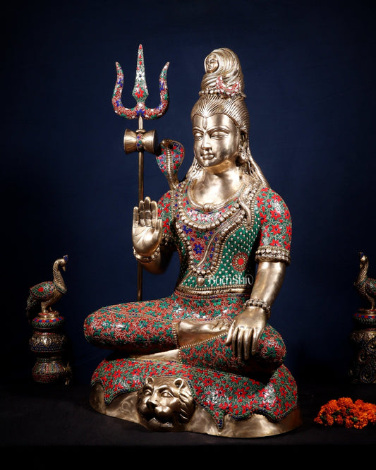 Brass Lord Shiva Statue in Aashirwaad Mudra - 36" - Budhshiv.com