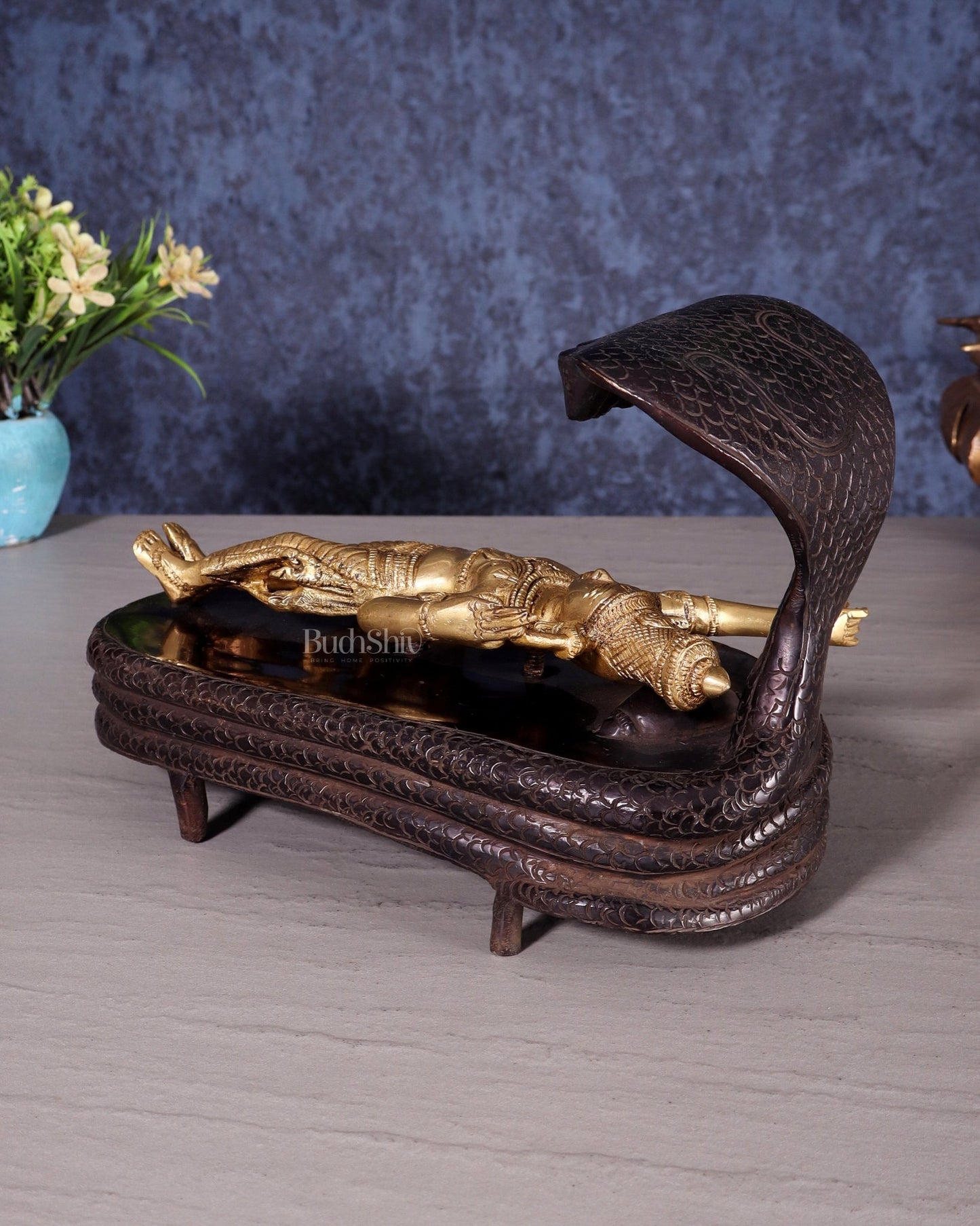 Brass Lord Vishnu in Yog Nidra on Sheshanaaga – Superfine Sculpture 9.5" - Budhshiv.com