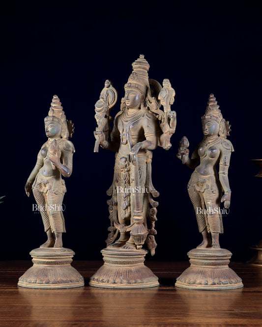 Brass Lord Vishnu with Bhudevi and Sridevi idols – Sand Patina 13" - Budhshiv.com