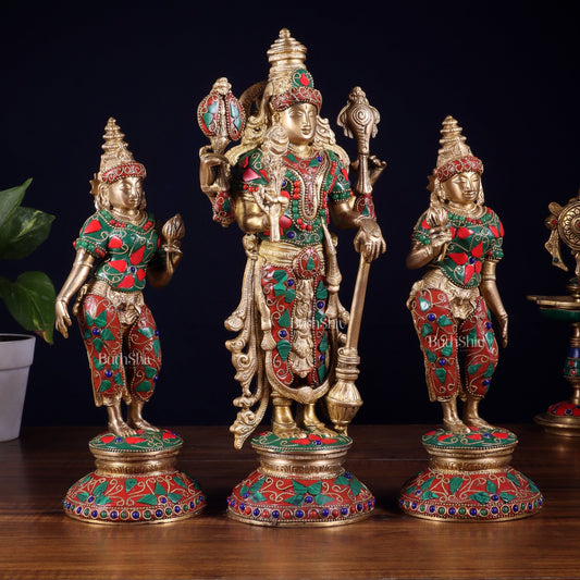 Brass Lord Vishnu with Bhudevi and Sridevi Statues – meenakari Stonework, 13" - Budhshiv.com