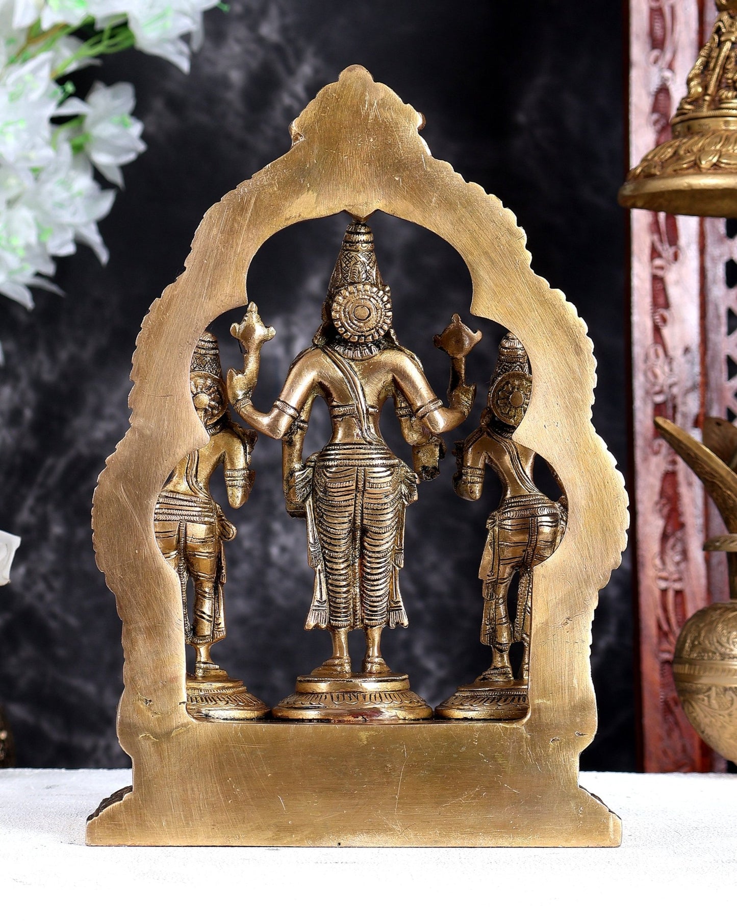 Brass Lord Vishnu with Bhudevi & Sridevi Idol with Ornate Frame – Handcrafted Divine Sculpture 10 inch - Budhshiv.com
