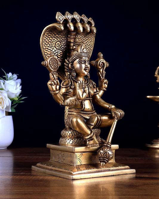Brass Lord Vishnu with Sheshanaag Idol - 9.25 Inch antique tone - Budhshiv.com