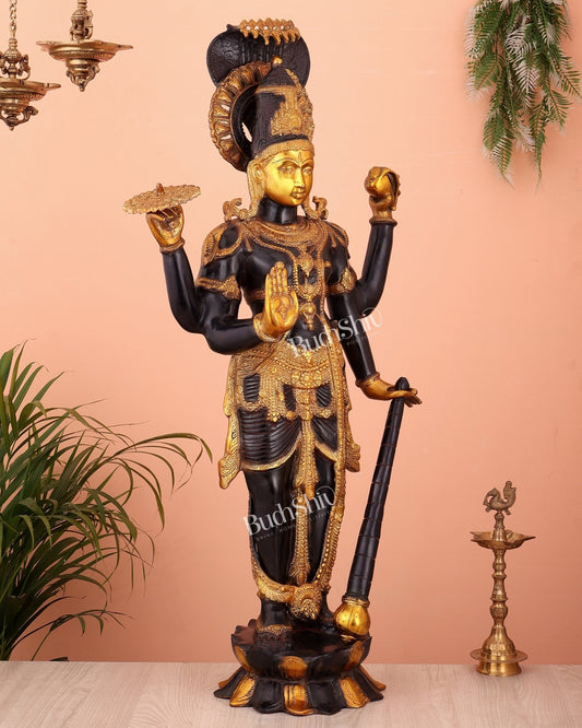 Brass Lord Vishnu with Sheshanaaga 40" sculpture - Budhshiv.com