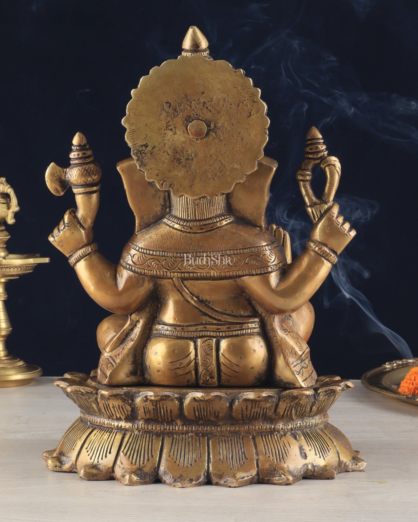 Brass Lotus Ganesha Statue - Dull Gold Finish 12" - Budhshiv.com