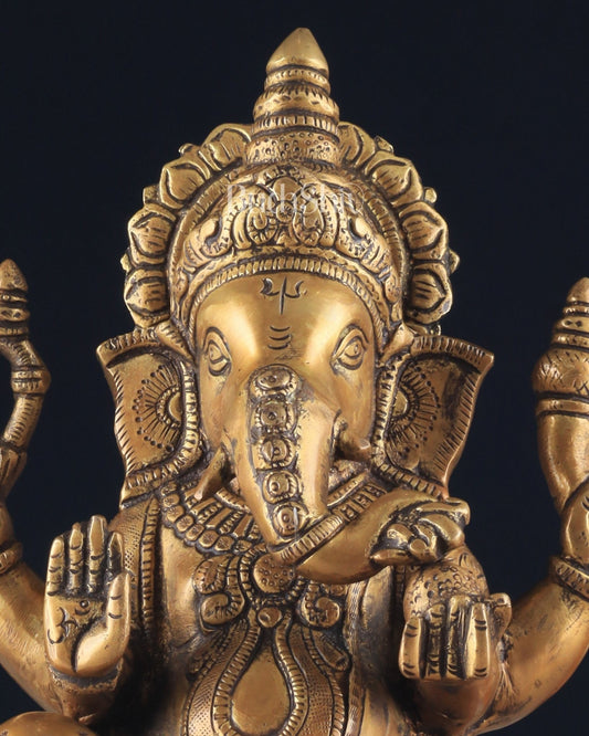 Brass Lotus Ganesha Statue - Dull Gold Finish 12" - Budhshiv.com
