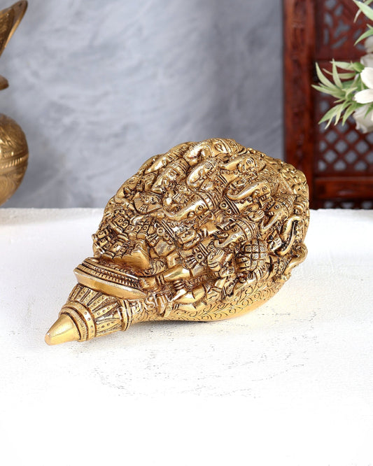 Brass Mahaganapati Shankh – Intricately Detailed Auspicious Lord Ganesha Conch Sculpture 8.5 inch - Budhshiv.com