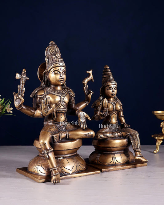 Brass Majestic Seated Lord Shiva and Parvati Idols | 11.5 Inch - Budhshiv.com