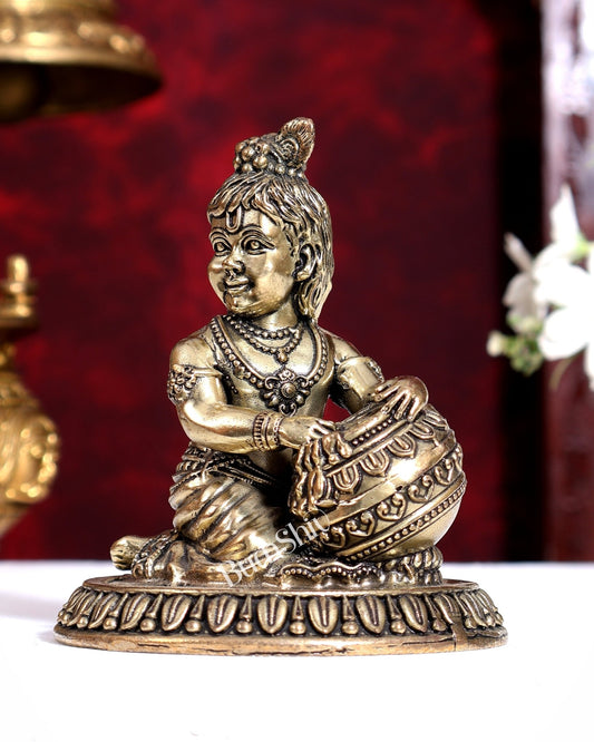 Brass Makhan Chor Matki Krishna Idol | Superfine Mini 3.25 inch - Budhshiv.com