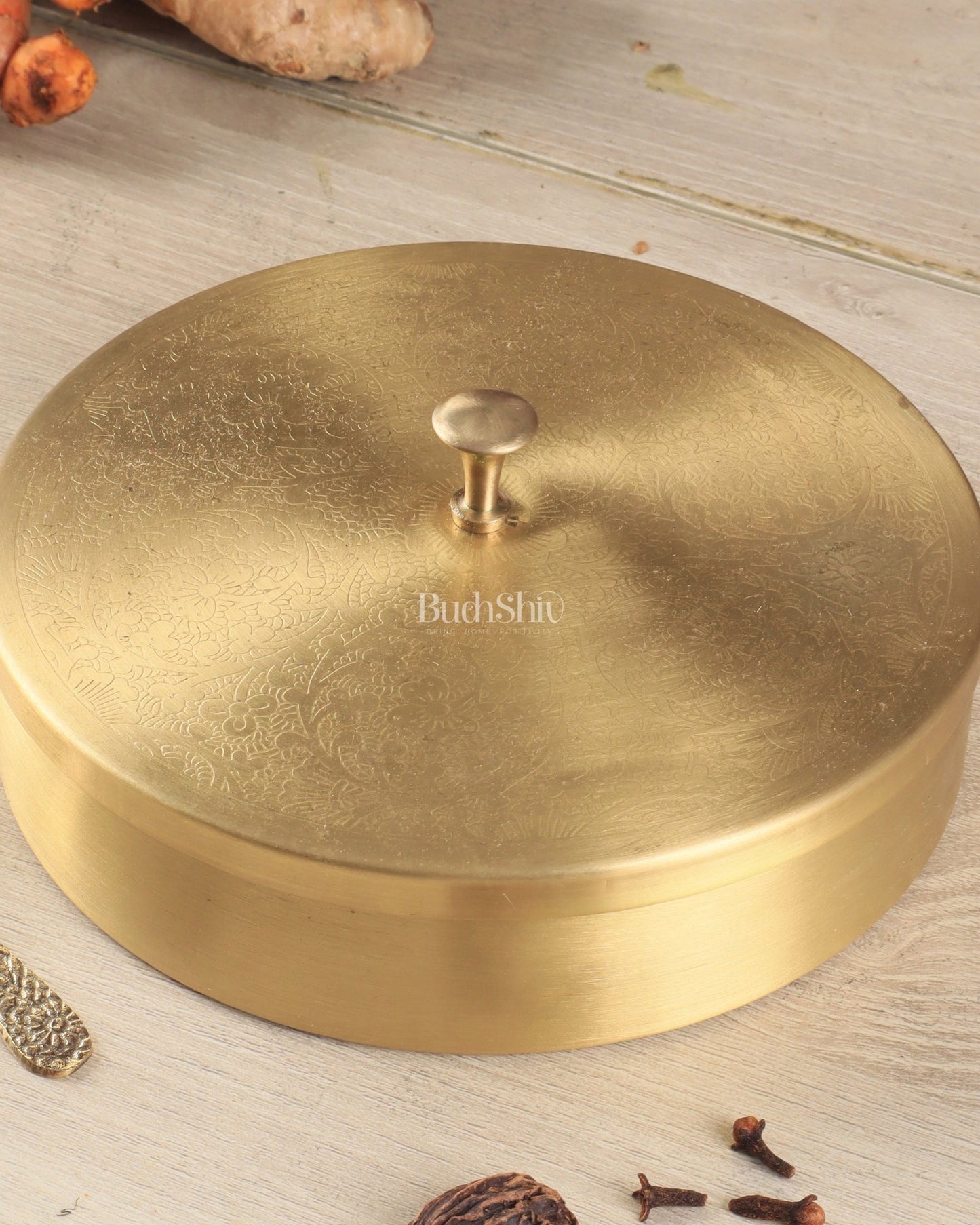Brass Masala Box Daani – Round Spice Container, 3"x8.5"x8.5" - Budhshiv.com
