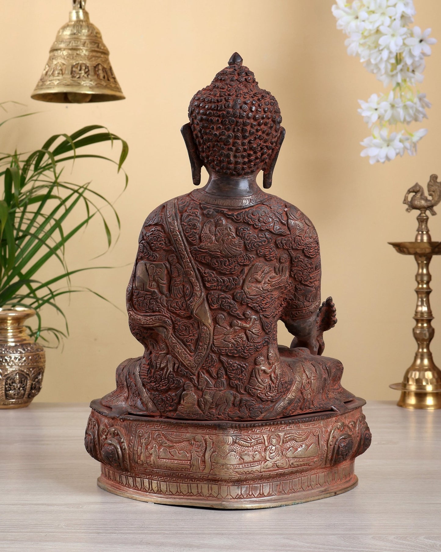 Brass Medicine Healing Buddha Statue – Life Story Carvings with Red Sand Vintage Patina 15 inch - Budhshiv.com