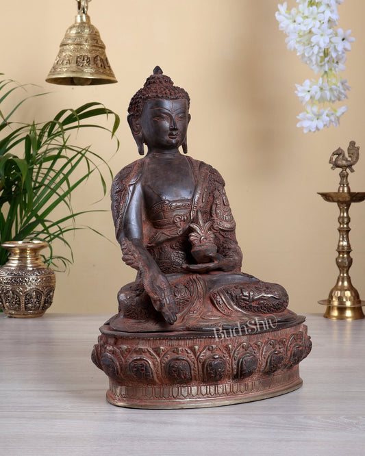 Brass Medicine Healing Buddha Statue – Life Story Carvings with Red Sand Vintage Patina 15 inch - Budhshiv.com
